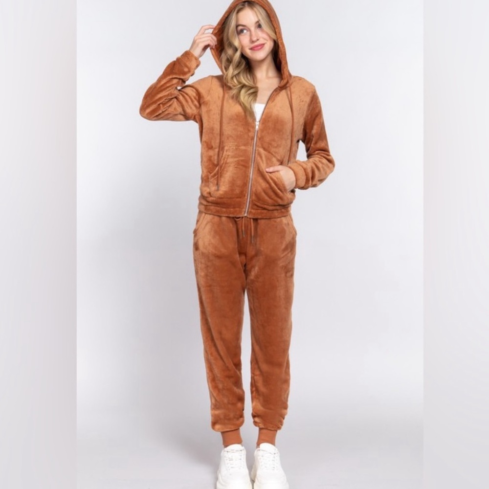 Faux Fur Jogger 2 Piece Hoodie Set NWT in Camel